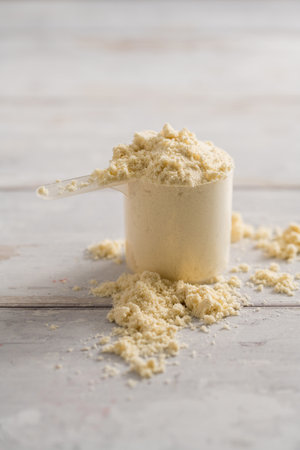 Protein powder scoop. Food beauty and health supplement closeupの写真素材