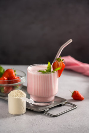Protein pink strawberry shake in a glass and scoop of protein powder.の写真素材