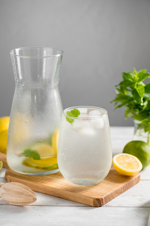 Lemonade with lemons, limes and fresh mint. Homemade lemonade summer drinkの写真素材