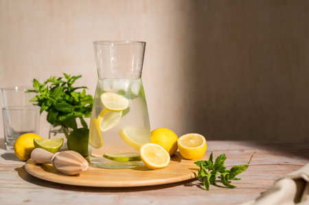 Lemonade with lemons, limes and fresh mint. Refreshing, homemade lemonade. Copy spaceの写真素材