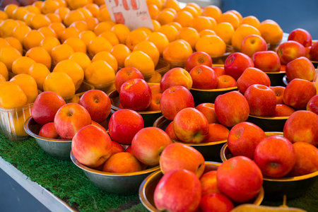 Fresh red and yellow apples, outdoor fruit farm marketの写真素材