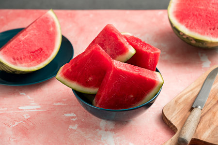 Slices of fresh watermelon in a bowlの写真素材
