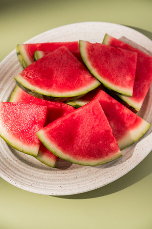 Slices of fresh watermelon fruit in a oval plate, green abstract backgroundの写真素材