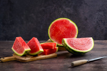 Slices of fresh watermelon on the rustic wooden table, dark backgroundの写真素材