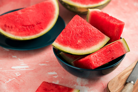 Slices of fresh watermelon in a bowlの写真素材