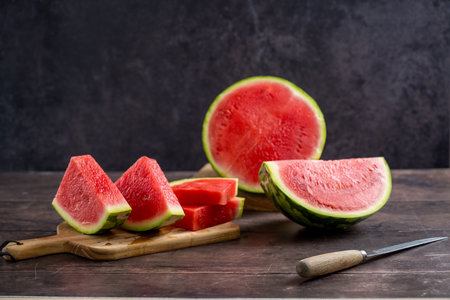 Slices of fresh watermelon on the rustic wooden table, dark backgroundの写真素材