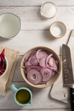 Cooking homemade pickled red onions ingredients, bright backgroundの写真素材