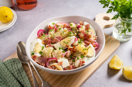 Egg potato salad with bacon and fresh herbs in a plateの写真素材