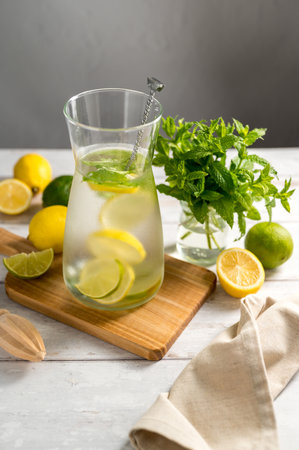 A glass jug with lemonade with lemons, limes and fresh mint, summer drinkの写真素材