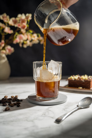 Pouring black coffee in a glass with iced