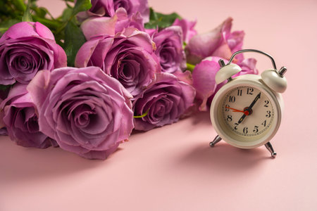Alarm clock and pink roses. Time concept for womenの写真素材