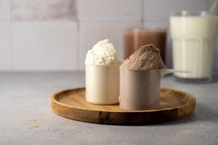 Protein powder and protein drinks, with scoops. Food supplement, fitness and sport