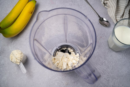 Protein powder in a shaker. Food supplement, fitness and sportの写真素材