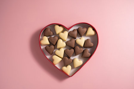 Heart-shaped chocolates in heart shaped box, over pink background, abstract food love backgroundの写真素材