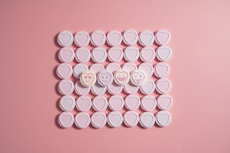 Heart-shaped candies over pink background, abstract food love background