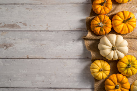 Autumn background. Orange and white mini pumpkins over white wooden background. Top view, copy space.の写真素材