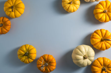 Autumn pumpkins on blue background. Thanksgiving day or Halloween abstract template