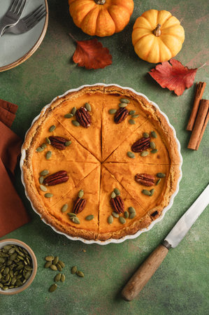 Pumpkin pie, Thanksgiving homemade crust tart, topped with pecan nuts and seeds.の写真素材