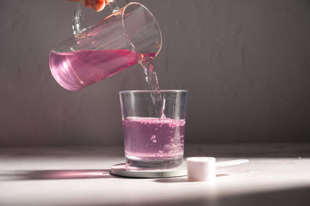 Pouring food supplement powder in glass of water. Collagen, protein powder, vitamins.の写真素材