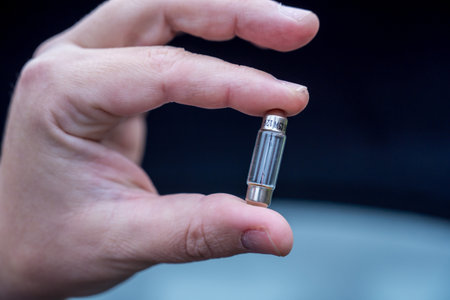 Halogen car lamp bulb. Male hand holding car partsの写真素材