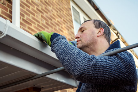 Man on a ladder cleaning fallen autumn leaves and moss from house roof gutter. Home maintenance, gutter cleaningの写真素材