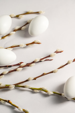 Easter background. Willow branches and white eggs. Spring time. Minimalistic and bright concept