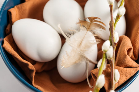 Easter background. Willow branches, white egg with feather in a bowl. Spring time. Minimalistic and...