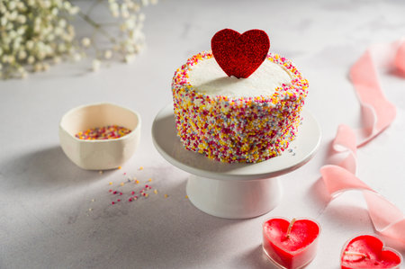 Valentines Day, Love, festive cake with red heart and gypsophila flowersの写真素材