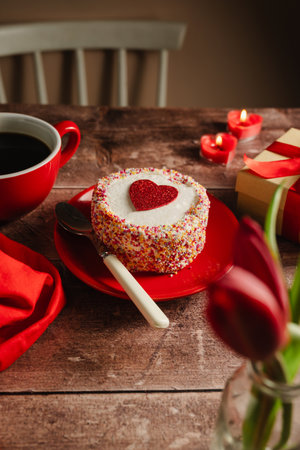 Valentines Day background. Festive cake with red heart, candles, gift box and cup of coffee on table. Love celebrationの写真素材