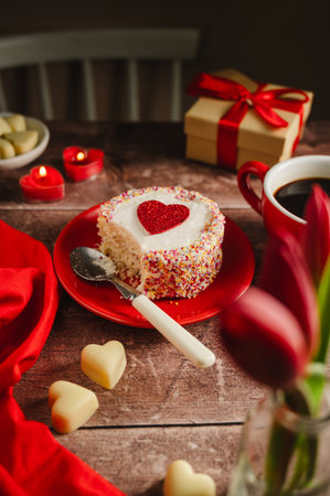 Valentines Day background. Cake with red heart, candles, gift box and cup of coffee on table. Love celebrationの写真素材