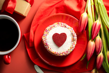 Valentines Day festive red background. Cake with red heart, cup of coffee, gift box and spring red tulip flower bouquet. Top viewの写真素材