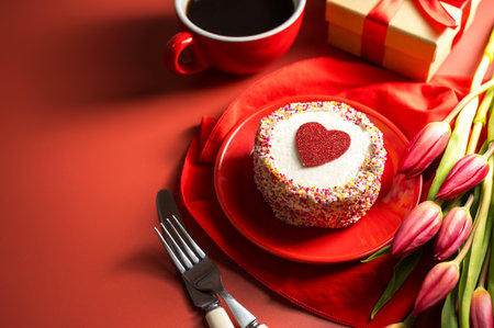 Valentines Day festive red background. Cake with red heart, cup of coffee, gift box and spring red tulip flower bouquet. Top viewの写真素材