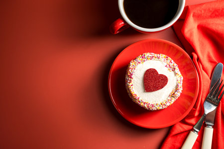 Valentines Day, Festive red background. Cake with red heart and cup of coffee. Top view with copy spaceの写真素材