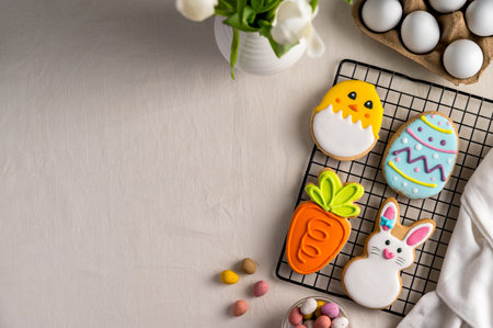 Easter festive colourful cookies bunny, carrot, egg, chick in a plate with egg candies. White spring tulips bouquetの写真素材