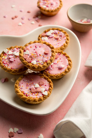 Valentine's day dessert. Pink mini tarts with heart shaped sprinkles. Top viewの写真素材