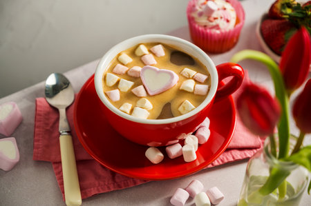 Valentine's Day background. Red cup of coffee with heart shaped marshmallowsの写真素材