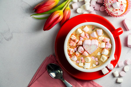 Valentine's Day background. Red cup of coffee with heart shaped marshmallows and tulipsの写真素材