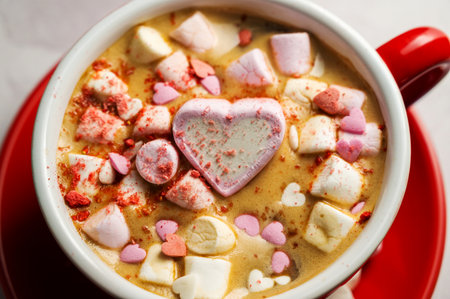 Valentine's Day background. Red cup of coffee with heart shaped marshmallowsの写真素材