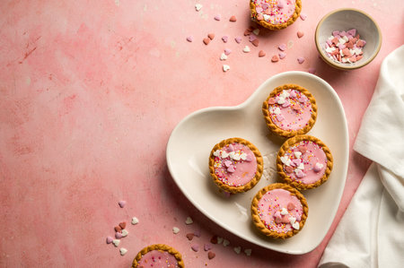 Valentine's day dessert. Pink mini tarts with heart shaped sprinkles. Top viewの写真素材