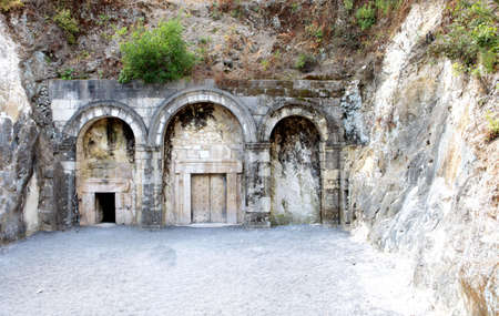 Kiryat Tivon, Israel - March 18, 2019. Various Sarcophagus from Roman period coffins, in a Jewish burial cave, in Bet Shearim National Park Jewish Necropolis, Northern Israelのeditorial素材