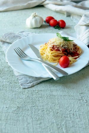 Pasta Fettuccine Bolognese with tomato sauce in white bowl.の写真素材