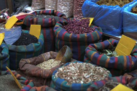 Species, ingredients tea flowers and soaps in the street market of Akkaの写真素材