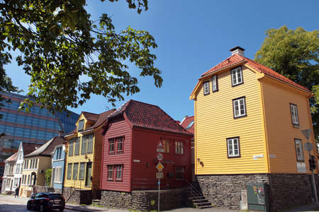 Bergen, Norway - July 05 2019: city centre street of the Bergen old town with beautiful colourful wooden housesのeditorial素材