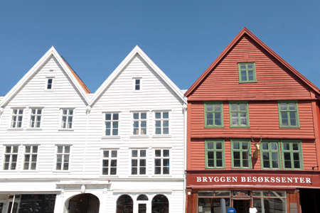 Bergen, Norway - July 05 2019: narrow street of the Bergen town with beautiful colourful wooden housesのeditorial素材