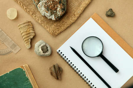 Stone samples, loop, notebook at geological laboratory on wooden tableの写真素材