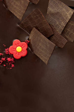 Chocolate cake with chocolate ornaments and red marzipan rose.の写真素材