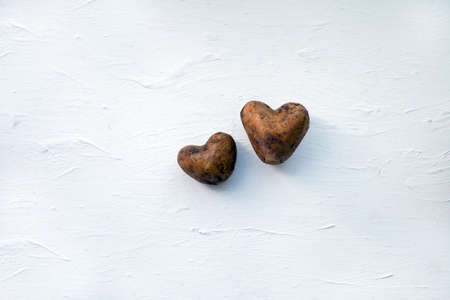 Two raw potatoes. Potatoes like a heart. Two raw potatoes on the white wooden background. Potatoes like a heart. Ecology love concept. Fresh food products.の写真素材