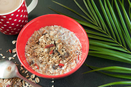 cup of coffee and oatmeal with nuts and dried fruits in red bowl on black table near green palm...