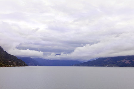 beautiful view of the Norwegian. Summer in Norway. Cloudy scandinavian sky. Mountains and rocks.の写真素材