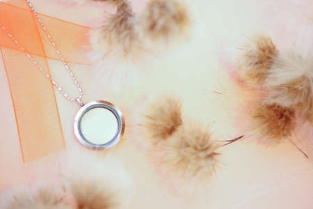 Silver necklace for lady shining onbackground. Luxury silver jewelry chains with glass and crystals. Small Beautiful precious metal present for woman on pink backround. Luxury jewelry giftの写真素材